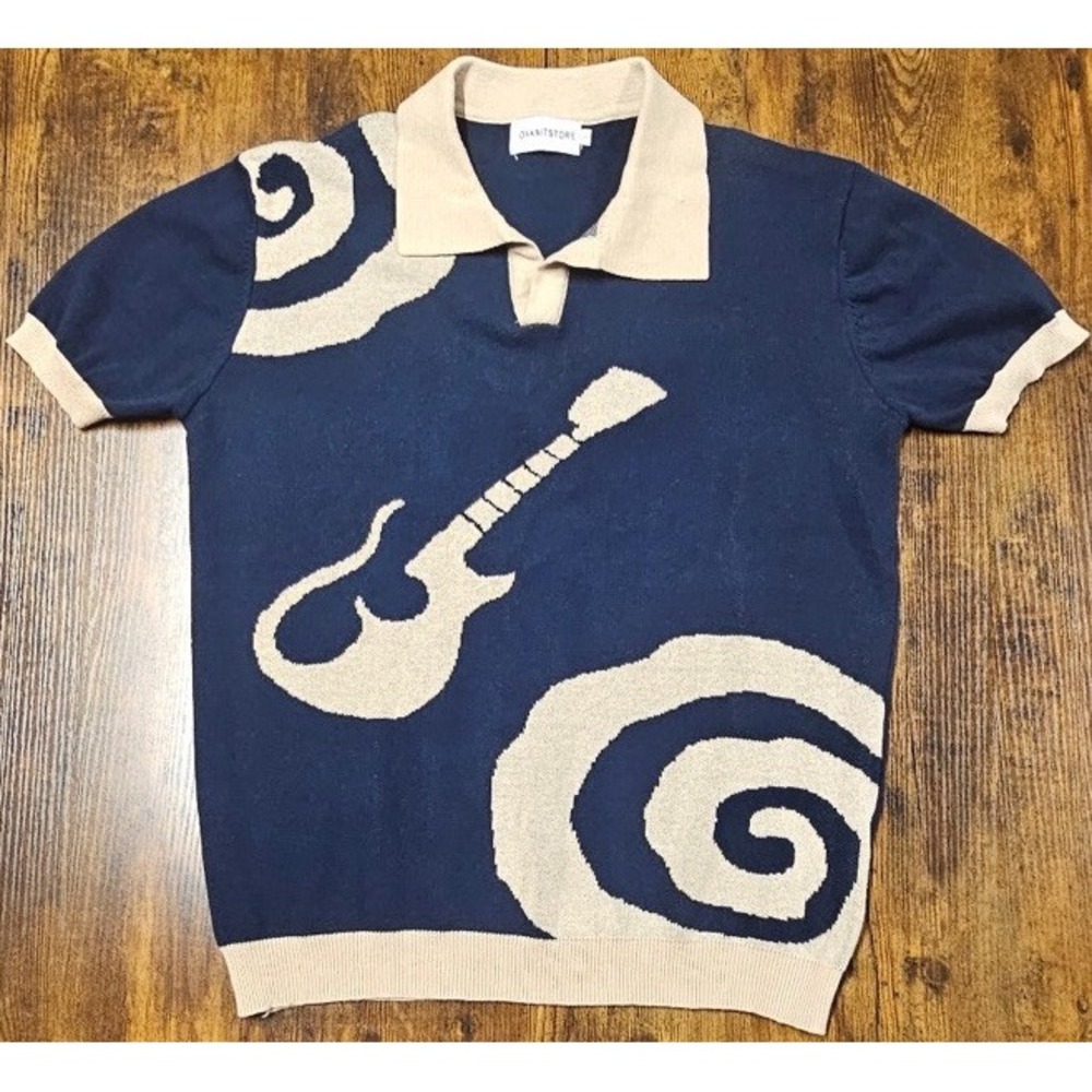 OXKNIT Blue White Guitar Short Sleeve Mod V Neck Collar Polo Sweater Men's Large